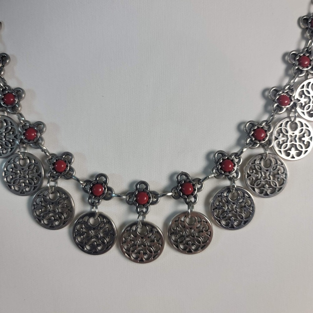 Boho Silver Tone Filigree Disc Statement Necklace Red Cabochon Accents Bib Style - Picture 2 of 6